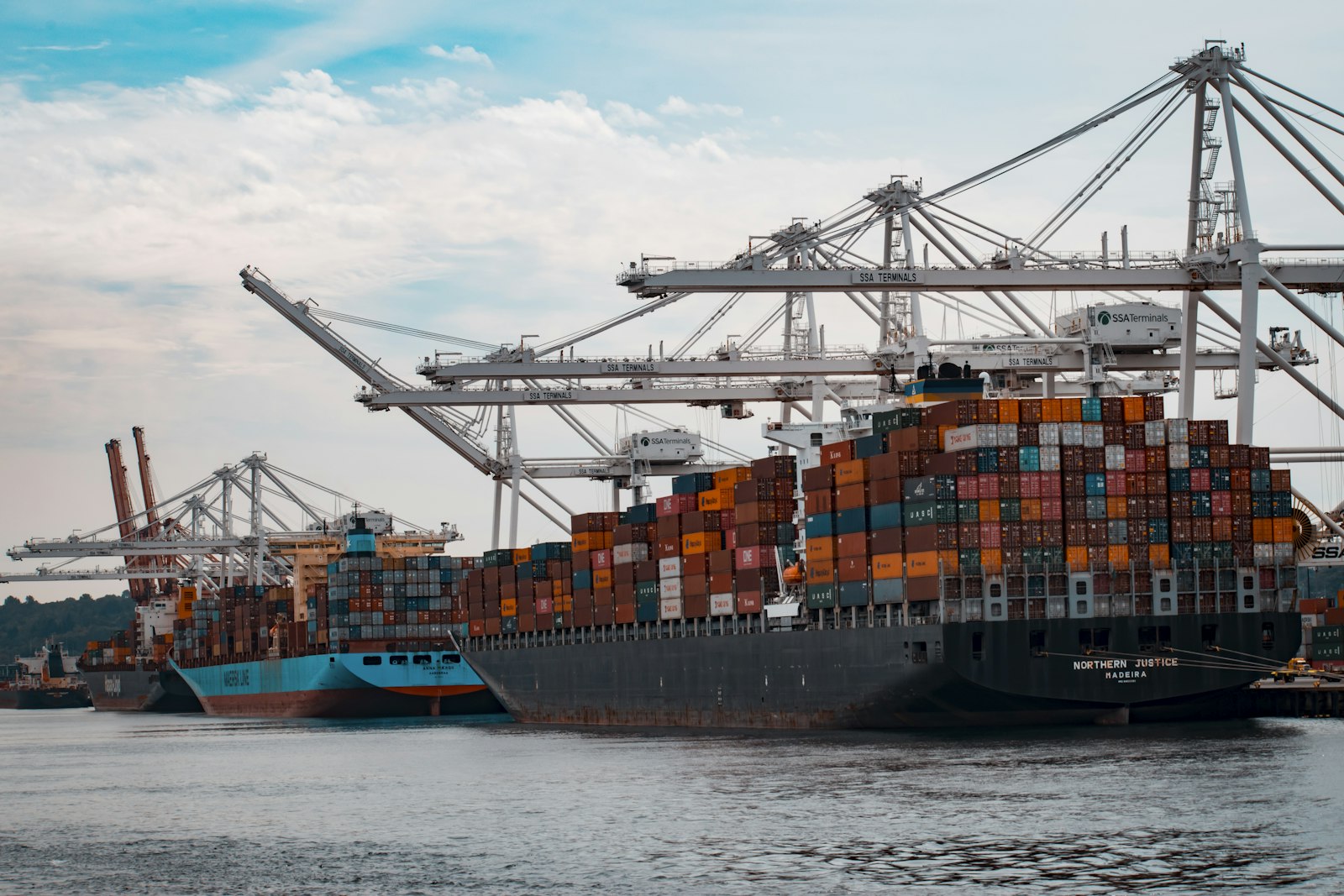 Container ship docked under cranes at a commercial port