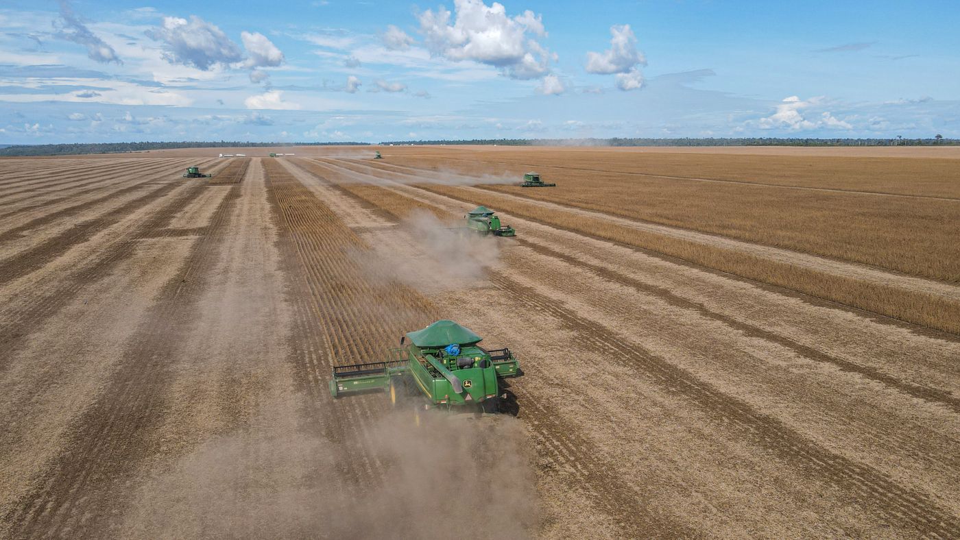 Aerial view of combines harvesting soybeans in Brazil