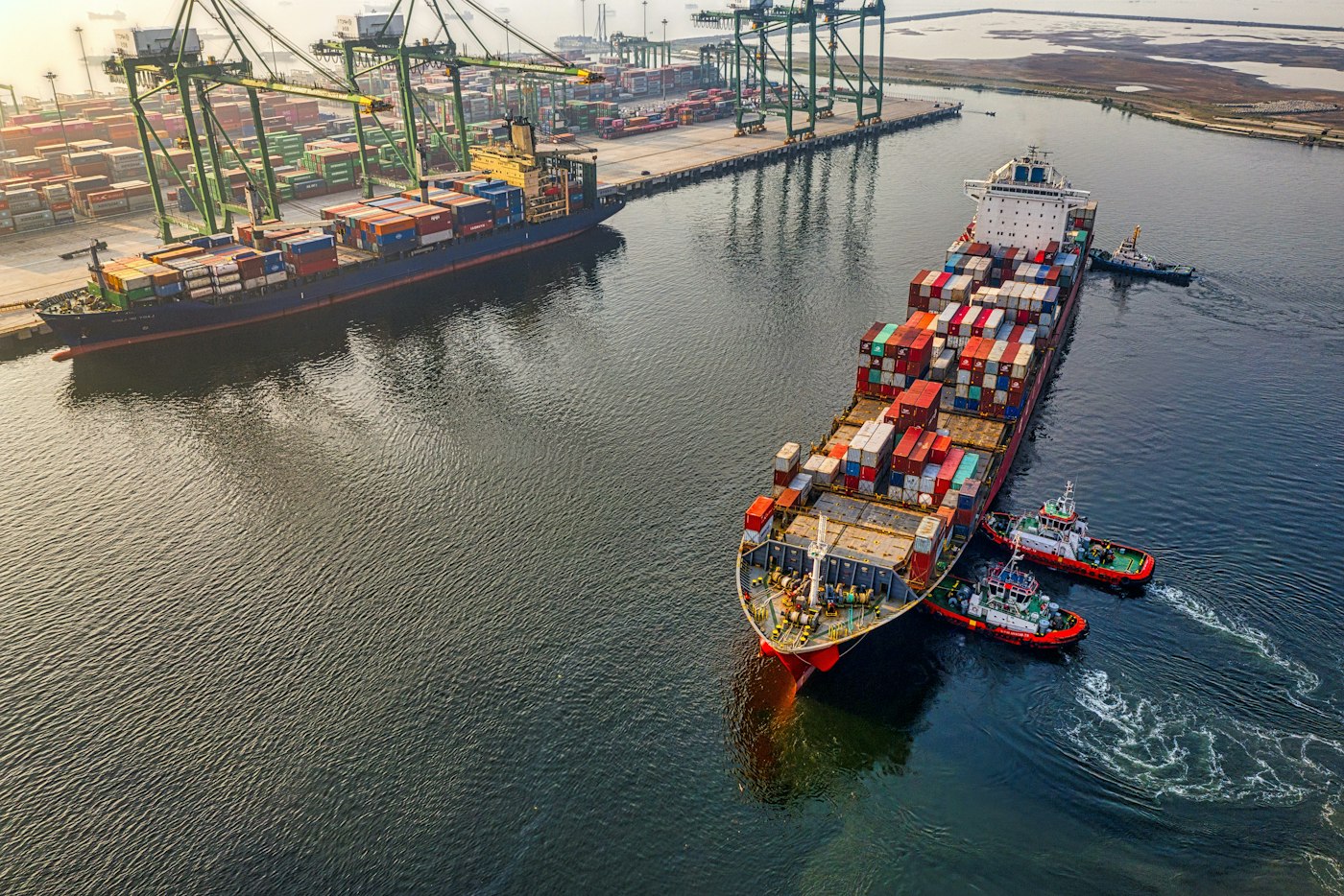 Container ships leaving a port