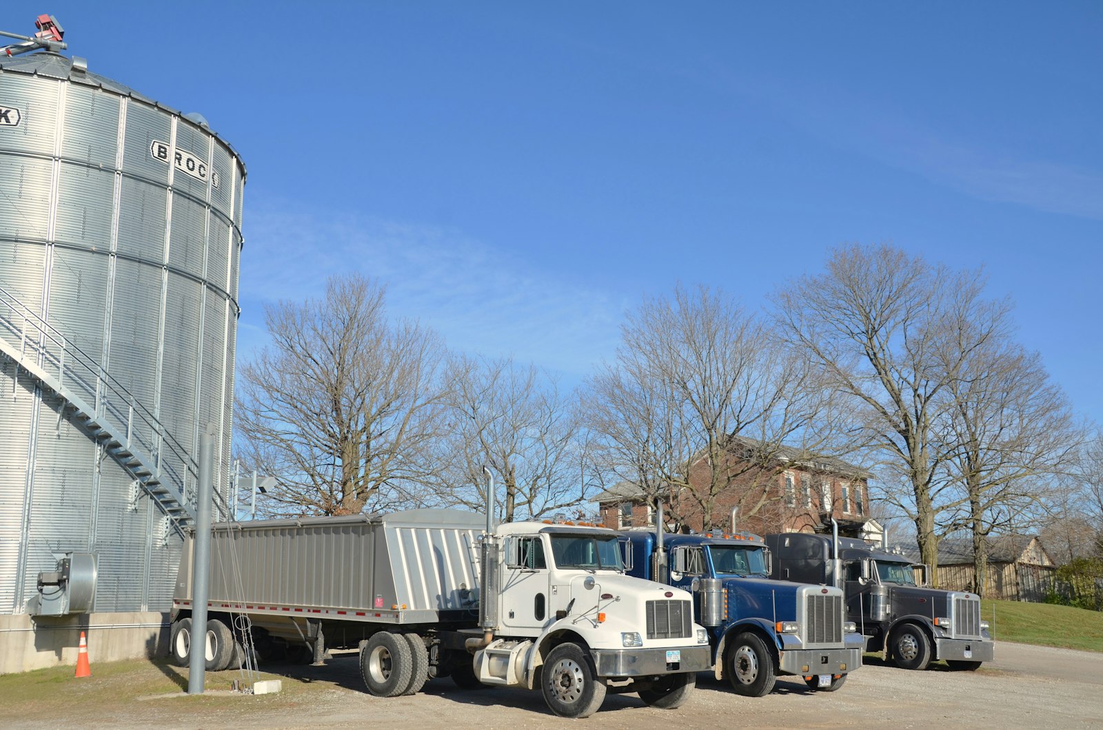 Trucks parked beside a large grain silo